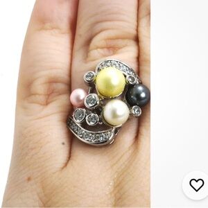 ESPO vintage sterling silver pearl & CZ ring , size 8